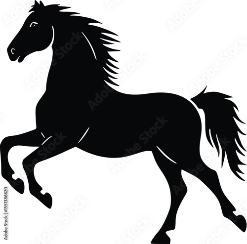 Black horse silhouette, editable vector, prancing, isolated, elegant, equine, animal, majestic, powerful, freedom, nature, wild, spirited, strong, grace, beauty, design