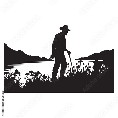 Farmer working in hydrangea garden, vector art