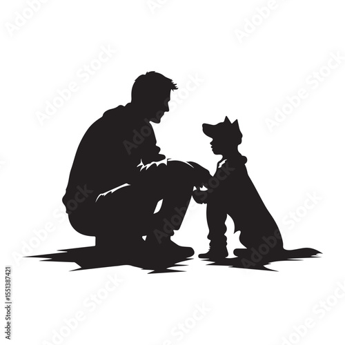 Father cuddling dog with child, vector art