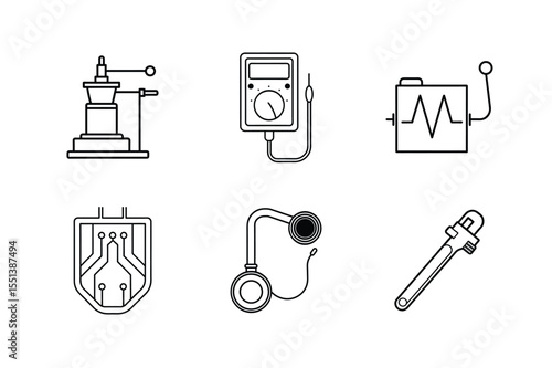 Line Art Icons Electronics, Tools, and Mechanical Devices
