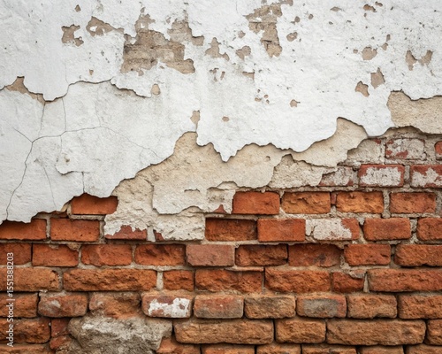 Wallpaper Mural A red brick wall with heavily peeling white plaster and visible cracks, exposing various brick textures beneath Torontodigital.ca