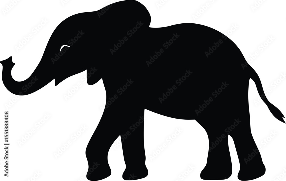 Fototapeta premium Black silhouette of a baby elephant, standing, profile view, editable vector illustration