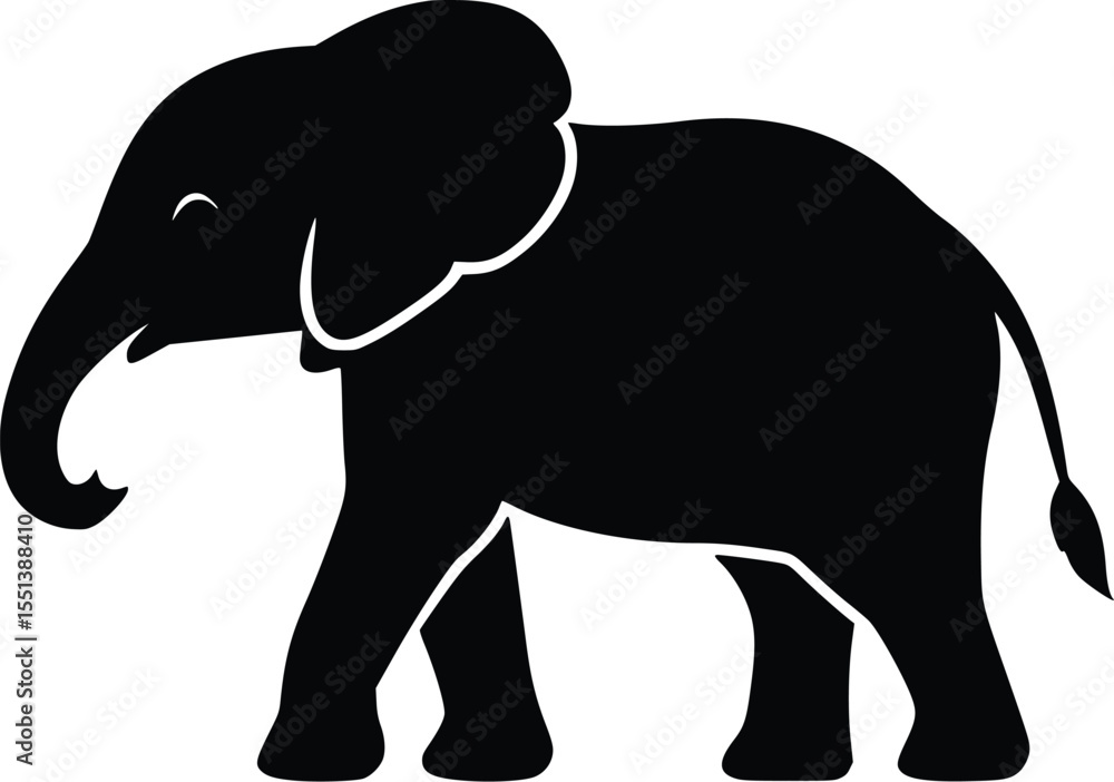 Fototapeta premium Black silhouette of a baby elephant walking, editable vector illustration