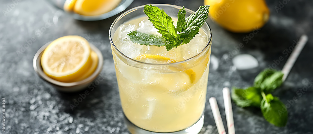 Fototapeta premium Refreshing Lemonade with Mint and Ice Served in a Glass