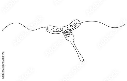 Continuous single line sketch drawing of grilled sausage with fork barbecue bbq spit skewer one line editable vector illustration