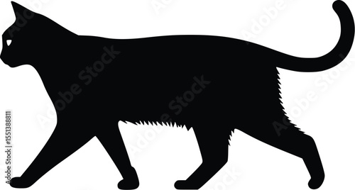 Silhouette of a black cat walking, editable vector illustration, isolated on white