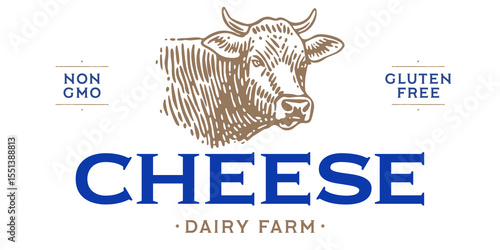 Cow, milk, dairy tag label. Template dairy farm, Milk Tag Label. Vintage cow print, tag, label sketch ink pencil drawing. Cow, cheese, milk dairy shop, text, typography. Vector Illustration