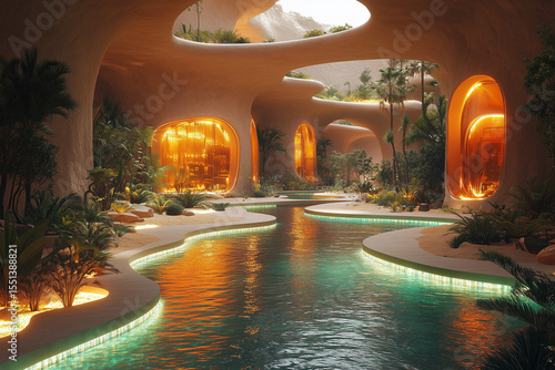 The interior of an ultra-luxurious villa nestled in a desert oasis, featuring a sophisticated design that seamlessly blends cutting-edge technology with an indoor swimming pool.