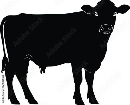 Black cow silhouette, editable vector illustration, farm animal graphic, simple design, isolated on white, livestock image, cattle icon, monochrome style,