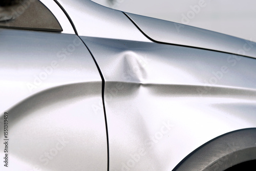 Schilderij op canvas Deep dent on the front fender of silver car, closeup
