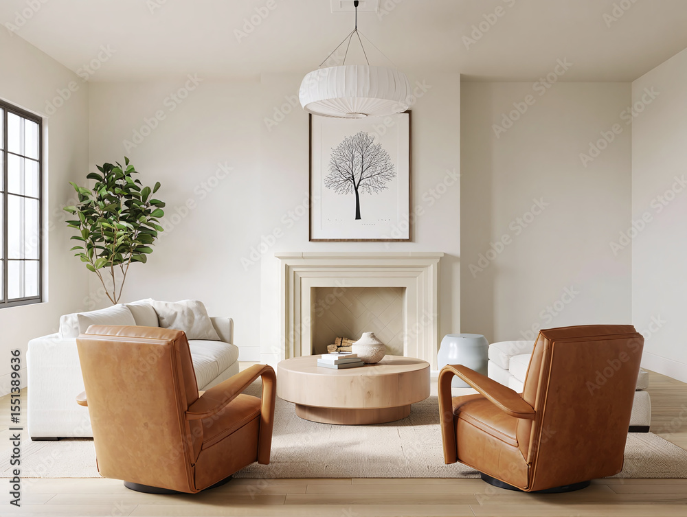 Fototapeta premium Modern living room with two stylish tan leather swivel chairs facing a fireplace with artwork