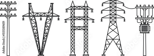 High voltage electric power line tower icons, electricity pylon illustration, energy transmission structure, electrical grid symbol, utility pole, infrastructure vector, black outline art