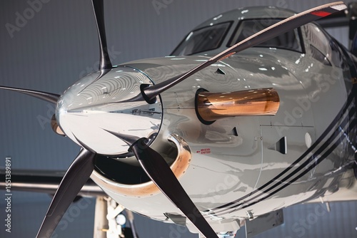 Quadro su tela Detailed side angle view of a turboprop aircraft nose and propeller, showing polished spinner, exhaust, and cowlings in hangar light