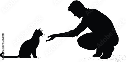 Silhouette of a man crouching, reaching out to a cat, editable vector illustration