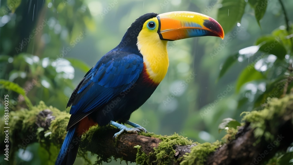 Fototapeta premium Colorful Toucan Bird Sitting on a Branch in Rainforest – Exotic Wildlife Photography