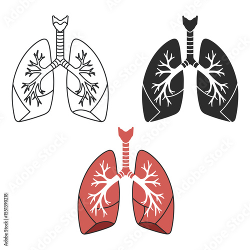 "Human Lungs Icon Set – Medical Anatomy Illustration in Line, Solid, and Color Styles"

