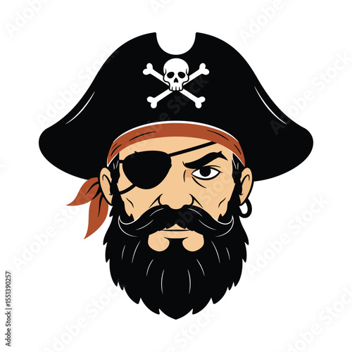 "Pirate Captain Illustration – Bearded Buccaneer with Eyepatch and Skull Hat Icon"


