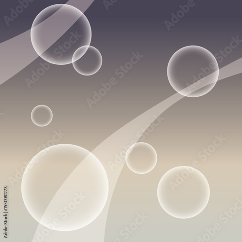 Illustration of translucent white soap bubbles floating on a calm beige and grey gradient. bokeh. Suitable for wellness, spa, relaxation, clean themes, or air and water-related visuals, webtoon, anime