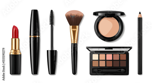 Assortment of makeup products including lipstick mascara brush eyeshadow and eyeliner on white background