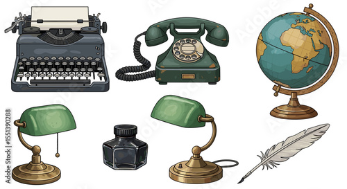 Arrangement of vintage objects including a typewriter telephone globe and desk lamps on a white background