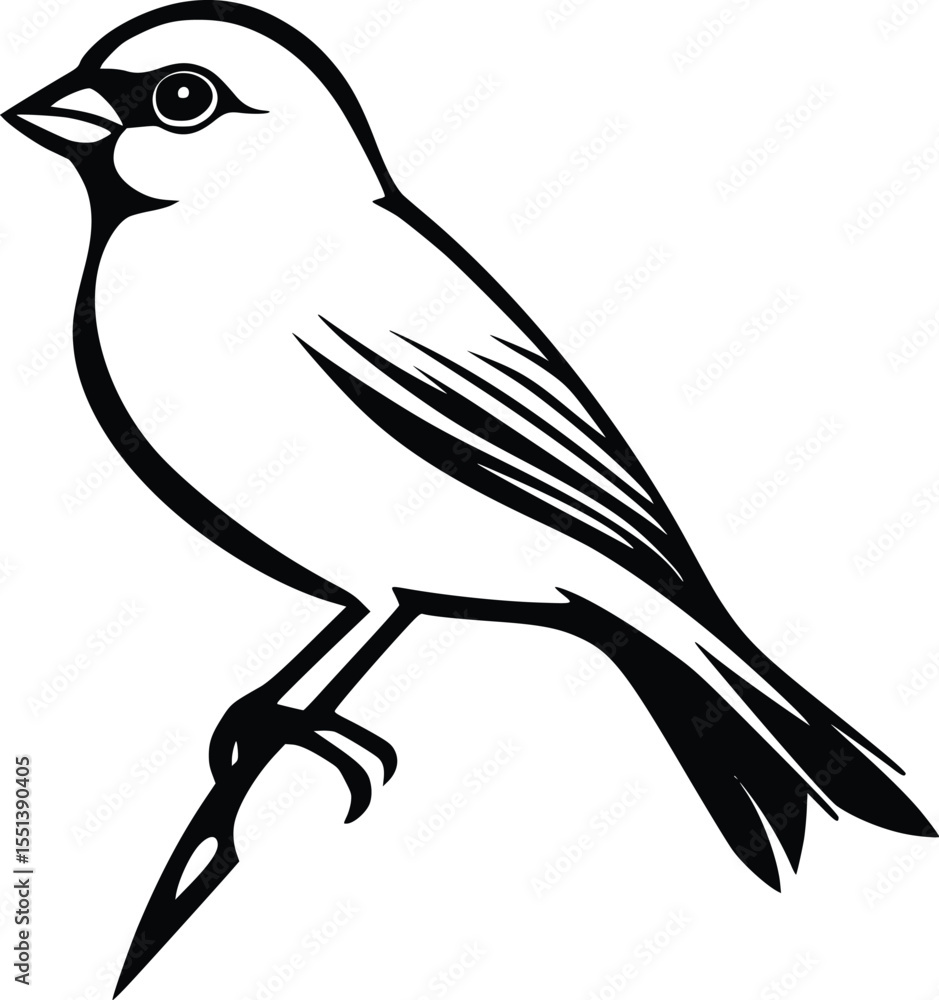 Obraz premium Elegant black silhouette of a small bird perched on a branch, vector illustration, simple design, wildlife, nature, avian, fauna