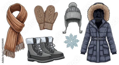 Illustration of winter clothing including a scarf mittens hat boots coat and snowflake design element