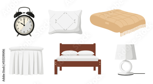 Illustration of bedroom items including alarm clock pillow blanket bed skirt and bedside lamp isolated