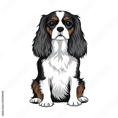 "Cavalier King Charles Spaniel Illustration – Cute Tricolor Dog Sitting Pose"

