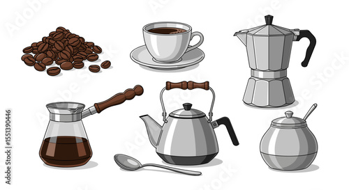 A collection of coffee related items including beans cup moka pot cezve kettle and sugar bowl illustration