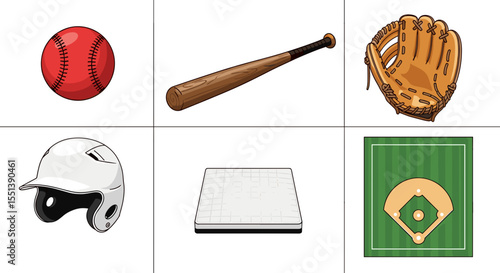Illustration of baseball equipment including a ball, bat, glove, helmet, base and baseball field