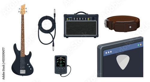 A black bass guitar with amplifier cable tuner strap and guitar pick on a computer screen view