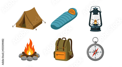 Illustration of camping equipment including a tent sleeping bag lantern campfire backpack and compass