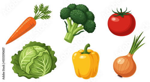 Illustration of a variety of fresh vegetables including carrot broccoli tomato cabbage pepper and onion