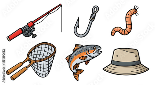 Illustration of fishing gear including a rod hook worm net fish and hat arranged on a white background