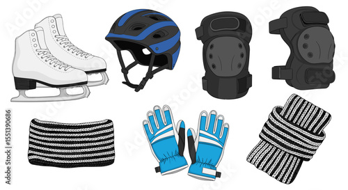 Illustration of ice skates helmet knee pads neck warmer gloves and scarf for winter sports gear set up