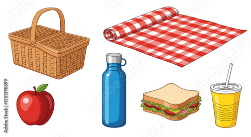 Illustration of picnic items including a basket blanket water bottle apple sandwich and drink cup isolated