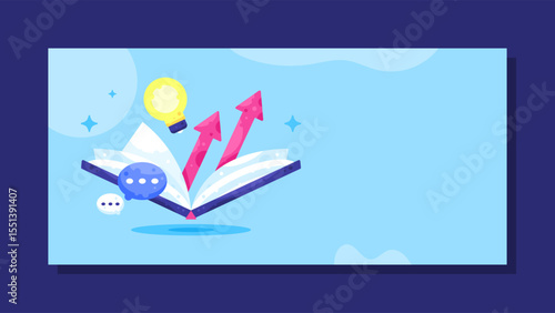 a concept design of learning and improving banner. reading books to increase knowledge. learning for the future. insightful and smart. open book illustration. blue horizontal background. flat style