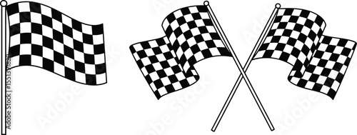 Checkered racing flag icons, crossed finish line flags, race victory symbols, black and white check flag vector design for motorsport, speed competition, race finish illustration