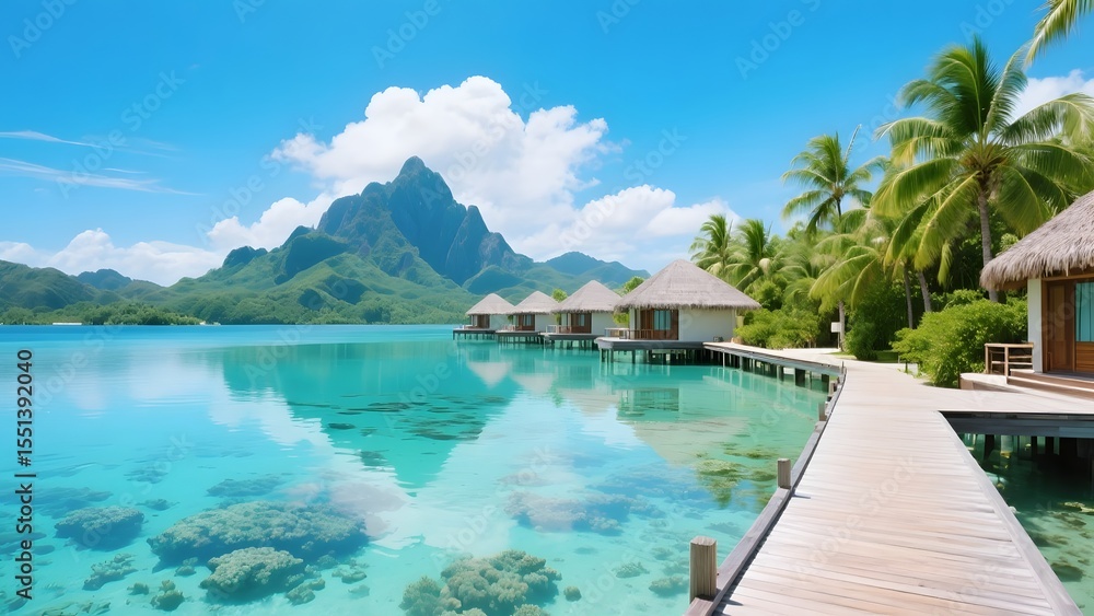 Luxury Tropical Resort Overwater Bungalows with Mountain View – Paradise Island Travel Concept Luxury Tropical Resort Overwater Bungalows with Mountain View – Paradise Island Travel Concept