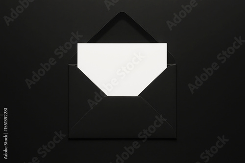 Open black envelope with blank white card on black background, centered flat lay composition for invitation or message design