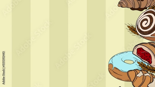Screensaver video animation Sweet bakery goods for social media background wallpaper with different types of baking products, confectionery. Bakery shop and cafeteria restaurant decoration