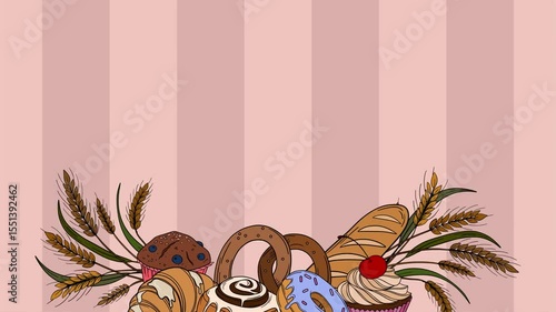 Screensaver video animation Sweet bakery goods for social media background wallpaper with different types of baking products, confectionery. Bakery shop and cafeteria restaurant decoration