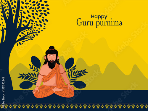 Happy Guru Purnima Indian festival celebration background design with characters of guru doing meditation.