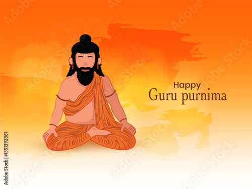 Happy Guru Purnima Indian festival celebration background design with characters of guru doing meditation.