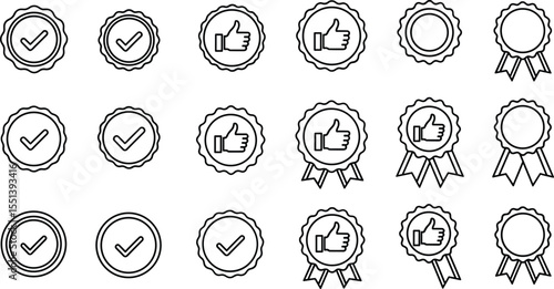 Badge icon set, check mark symbol, thumbs up emblem, award ribbon design, achievement medal, quality guarantee, certification icons, outline style vector illustration