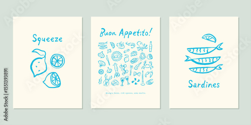 Whimsical mediterranean seafood illustration prints with hand drawn sardines and lemons