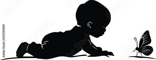 Baby Silhouette Crawling Towards Butterfly: Editable Vector Illustration