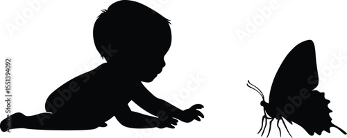 Silhouette of baby reaching for butterfly, editable vector illustration, childhood wonder, black and white graphic