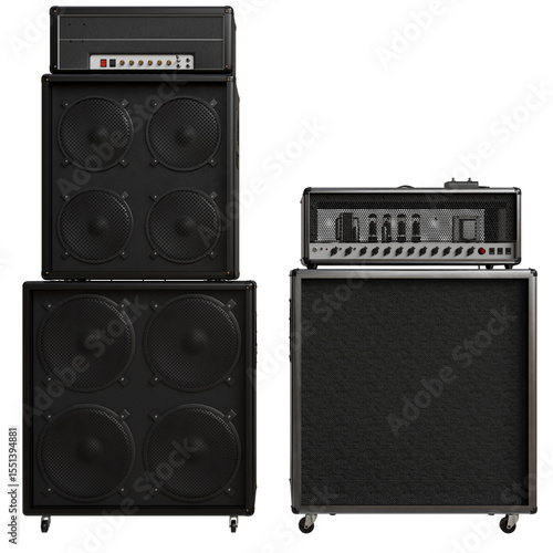 Fotografie Two guitar amplifier stacks, one a two-cabinet stack with a head unit atop, the other a single-cabinet stack