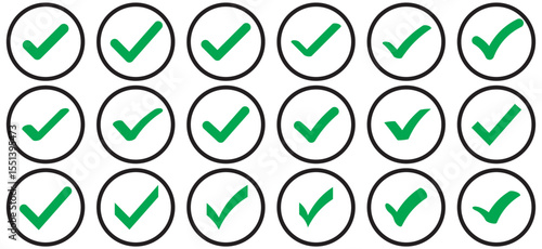 Green Check mark icon vector illustration in two variants. Approved, yes, confirm, done, vote, accept, tick, select, check box, and questionnaire green check mark button set circle and round shapes.